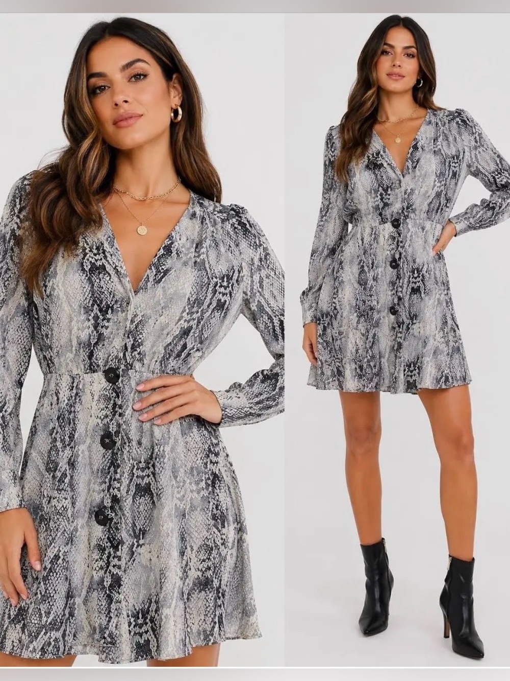 Zara Gray Snake-Print V-Neck Mini Dress